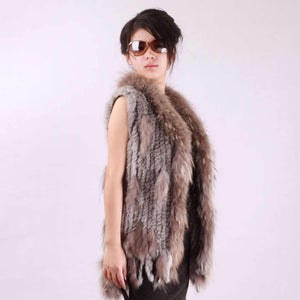 Women' S Long Real Rabbit Fur Vest Raccoon Fur Collar and Placket Tassel Decoration