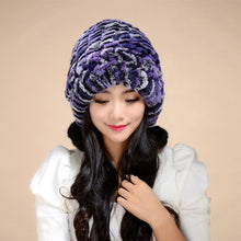 Load image into Gallery viewer, Women&#39;s Tight Knitted Real REX Rabbit Fur Hat Beanie Fur Fox Fur Pompom 14605