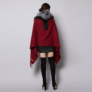 Fashion Cashmere Shawl with Big Fox Collar Natural Fur Poncho 15727