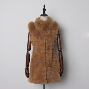 Natural Rex Rabbit Fur Vest with Fox Fur Collar and Cuff Lace Hem Real Fur Vest Female 13218
