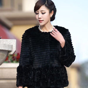 Women Genuine Rabbit Fur Coat Flower Decoration Overcoat Jacket 010131