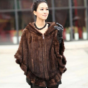 FUR STORY Women's Knitted Mink Fur Shawl Real Fur Scarf Natural Mink Poncho Coat 070304