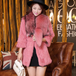 Natural Rabbit Fur Coat Jacket Real Raccoon Dog Fur Collar Trim Thick Jacket