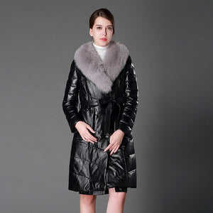 Women's Genuine Leather Coat with Fox Fur collar Down Stuffing Leather Coat 161194