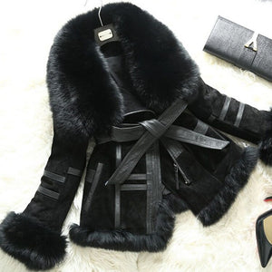 Genuine Leather Coat Full Pelt Fox Fur Collar Collar and Sleeve Cuff Jacket