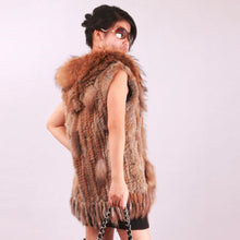 Load image into Gallery viewer, Long Women&#39;s Knitted Natural Rabbit Fur Vest Raccoon Fur Collar Hood Trim