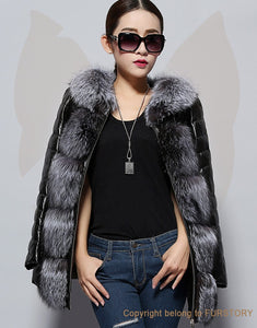 Genuine Sheep Leather Down Jacket Fox Fur Collar Luxury Thick Fur Jacket Winter Overcoat 14153