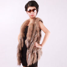 Load image into Gallery viewer, Women&#39;s Real Rabbit Fur Vest with Raccoon Collar Long Tassel Knitted Fur Vest Female