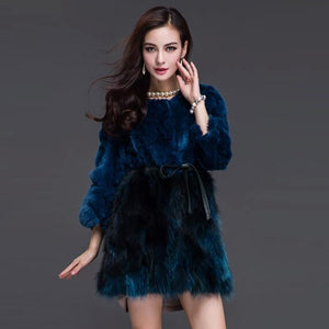 Women's Real Fur Coat Rabbit Fur Coats with Raccoon Hem Jacket