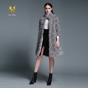 Natural Rex Rabbit Coat Women Grace Long Overcoat Jacket Winter Outerwear