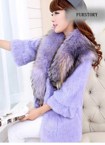Natural Rabbit Fur Coat Jacket Real Raccoon Dog Fur Collar Trim Thick Jacket