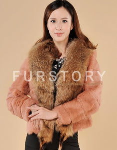 Rabbit Fur Coat Women's with Big Raccoon Fur Collar Real Natural Fur Coats Female
