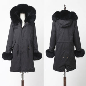 Fur Story FS18113 Women's Genuine Rabbit Fur Lining Big Hood Jacket Fur Cuffs and Placket Women Parka