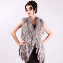 Load image into Gallery viewer, Women&#39;s Real Rabbit Fur Vest with Raccoon Collar Long Tassel Knitted Fur Vest Female