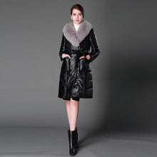 Load image into Gallery viewer, Women&#39;s Genuine Leather Coat with Fox Fur collar Down Stuffing Leather Coat 161194