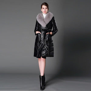 Women's Genuine Leather Coat with Fox Fur collar Down Stuffing Leather Coat 161194