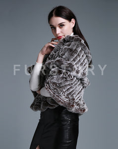 FUR STORY Real Knitted rabbit fur cloaks Women's shawl poncho stole cape wrap 070124