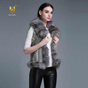 Natural Rabbit Fur Vest Big Fox Fur Collar Jacket Coat