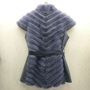 Women's Real Mink Fur Vest with Belt Waistcoat Short Sleeve Black Color 16217