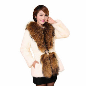 Natural Rabbit Fur Coat Supper Big Raccoon Fur Collar Women Overcoat