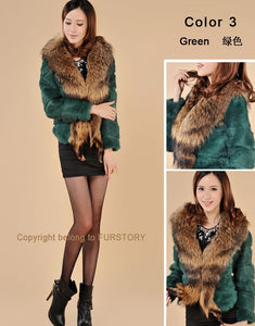 Rabbit Fur Coat Women's with Big Raccoon Fur Collar Real Natural Fur Coats Female