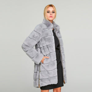 Women's Genuine Rabbit Fur Coat Women  Zip Stand-up Collar  Winter jacket  18131
