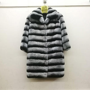 Women's Rabbit Fur Coat Chinchilla Color Turn-down Collar Overcoat 16190