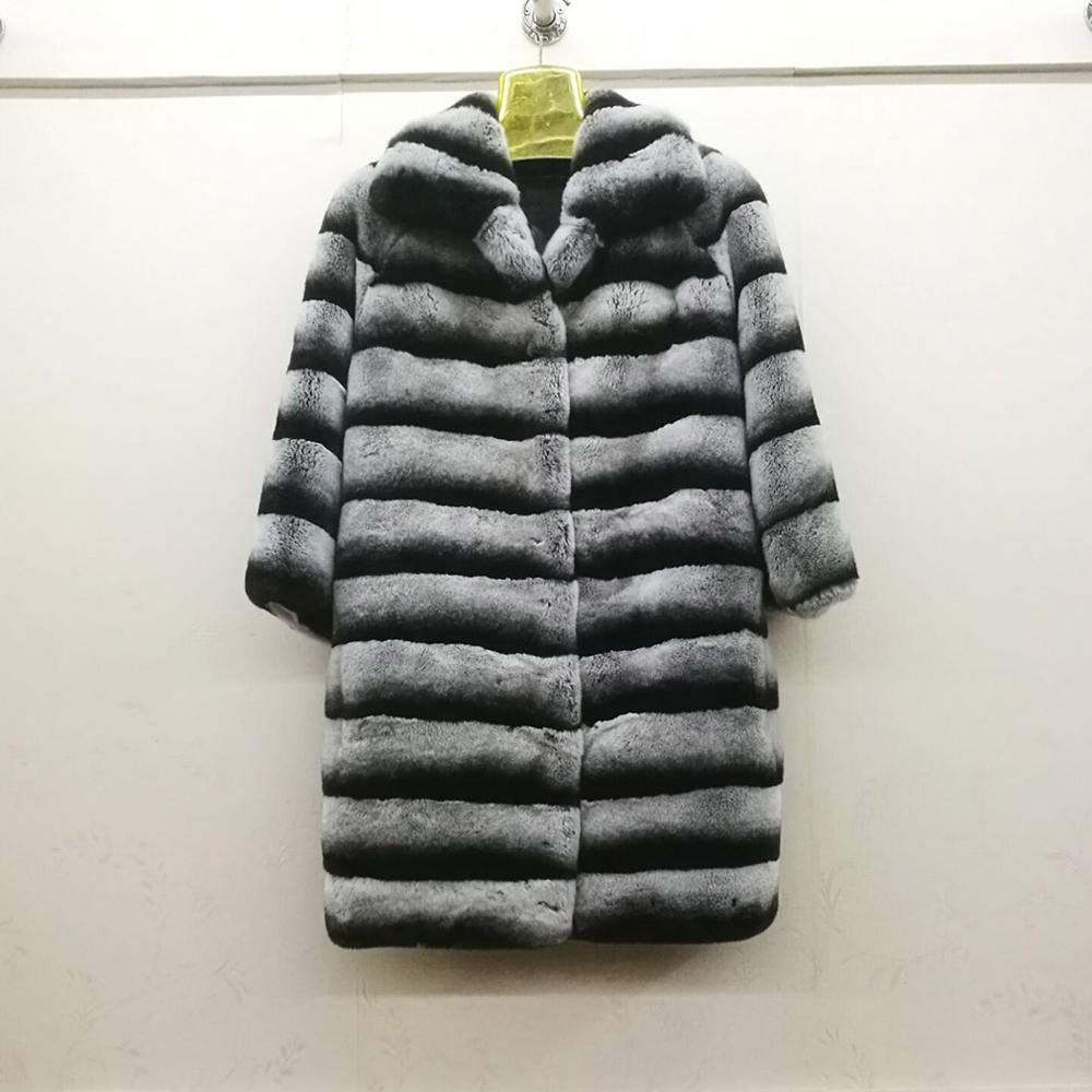 Women's Rabbit Fur Coat Chinchilla Color Turn-down Collar Overcoat 16190