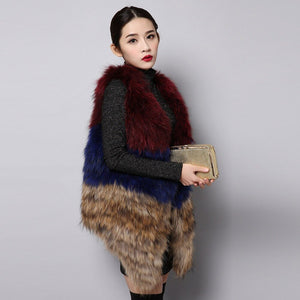 FS15295 Women's Real Fur Vest Winter Furry Double Color Handmade Knitted Natural Raccoon Fur Vest Female Fur Story