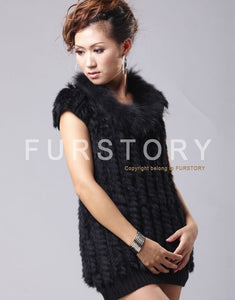 Womens' Long Knitted Natural Rabbit Fur Vest with Raccoon Fur Collar