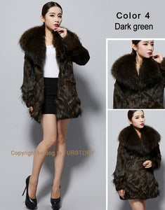 Natural Rabbit Fur Coat Supper Big Raccoon Fur Collar Women Overcoat Winter Outwear