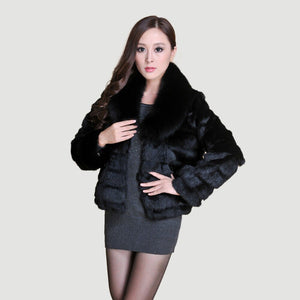 Real Rabbit Fur Coat Fox Fur Collar and Cuff Jacket Overcoat Womens' Garment Winter Coat FS13074