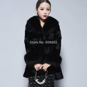 Natural Rabbit Fur Coat Fox Fur Collar Sleeve Cuff Jacket Winter Long Overcoat