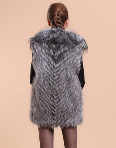 Silver Fox Fur Vest with Fur Collar Waistcoat Long Jacket Winter Overcoat  Women Dress