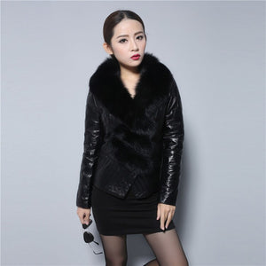 Genuine Sheep Leather Down Jacket Fox Fur Collar Thick Jacket Winter Overcoat