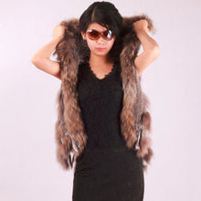 Load image into Gallery viewer, Women&#39;s Short Real Rabbit Fur Vest with Fur Hood Raccoon Fur Hood Trim and Placket Hand Knitted