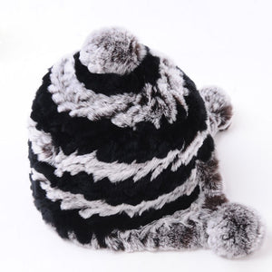 Knitted Real Rabbit Fur Hat Beanie Earmuff Bomber Hat  Women's Winter Hats 14606