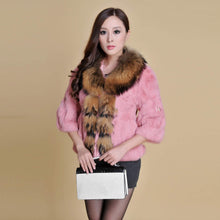 Load image into Gallery viewer, Real Rabbit Fur Coat Raccoondog Fur Collar with Hood Overcoat Jacket Waistcoat 7colors Short Version FS13073