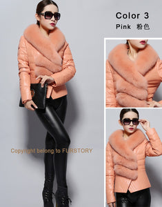 Genuine Sheep Leather Down Jacket Fox Fur Collar Thick Jacket Winter Overcoat