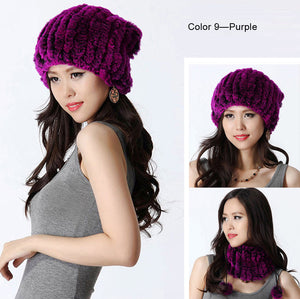 Women's Hats Knitted Real REX Rabbit Fur Beanie Hat 14603