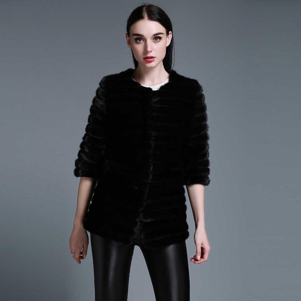 Women's Natural Mink Fur Coat Women Half Sleeve Stripes 13087