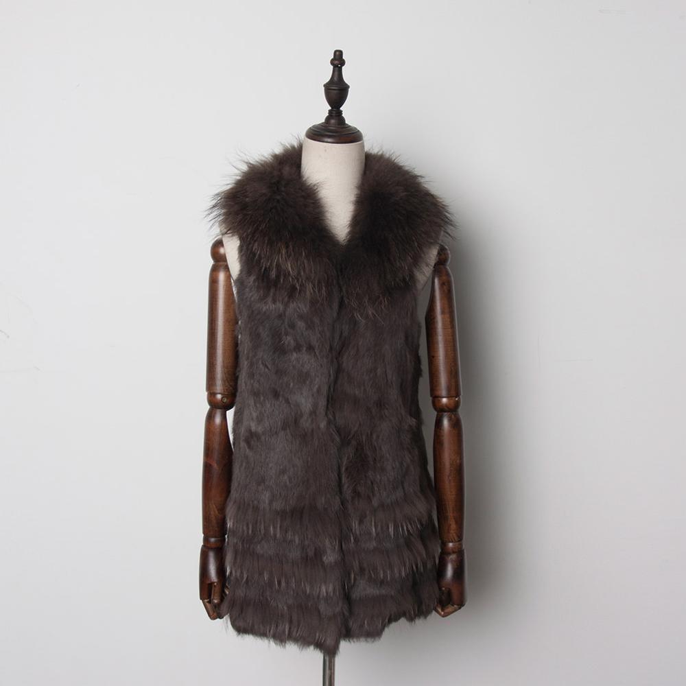 Natural Rabbit Fur Vest Raccoon Fur Collar and Trim Decoration Gilet Coat