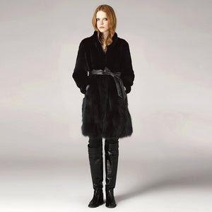 Natural Rabbit Fur Overcoats with Fox Fur Overcoat Belt Slim Winter Coat