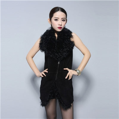 Genuine Pig Leather Suede Women's Vest  with Real Lamb Fur Collar