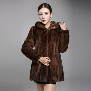 Women's Genuine Mink Fur Coat Women with Big Trim Hood Winter jacket 16043
