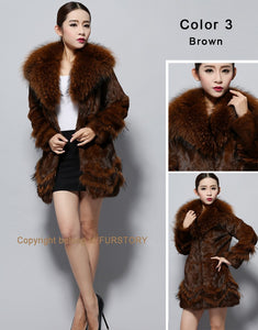 Natural Rabbit Fur Coat Supper Big Raccoon Fur Collar Women Overcoat Winter Outwear