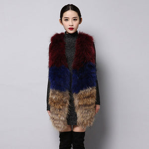 FS15295 Women's Real Fur Vest Winter Furry Double Color Handmade Knitted Natural Raccoon Fur Vest Female Fur Story