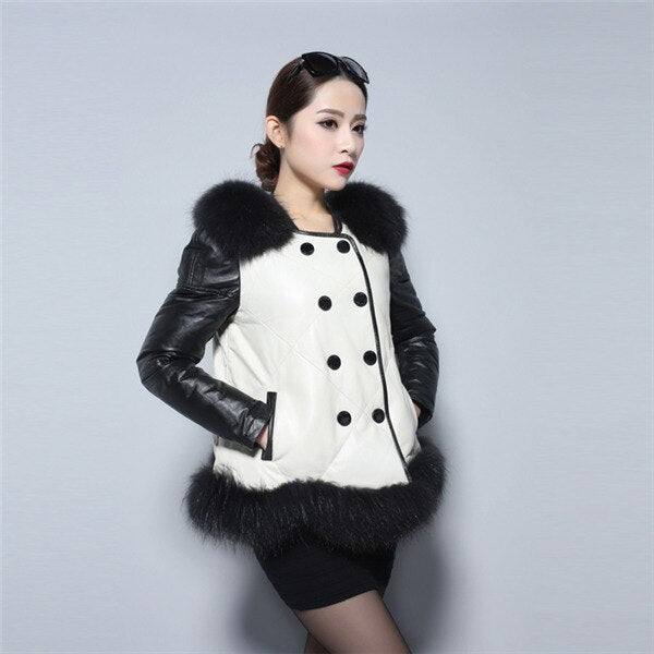 Women's Genuine Leather Coat Down Jacket with Real Fox Fur Collar Leather Coats Female