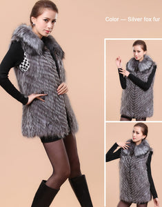 Silver Fox Fur Vest with Fur Collar Waistcoat Long Jacket Winter Overcoat  Women Dress