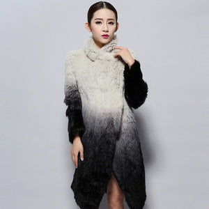 Real Knitted Rabbit Fur Long Coat Two-wear Trench Coat Gradient Color Pattern Overcoat Winter' Dress Furstory FS13067